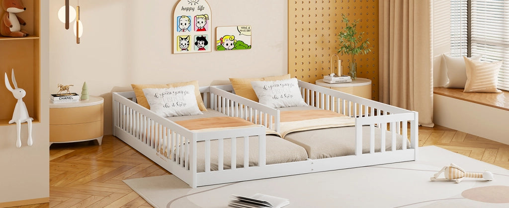 Letto per bambini doppio 90 × 200 cm con sponde di sicurezza in pino e MDF bianco senza rete né materassi
