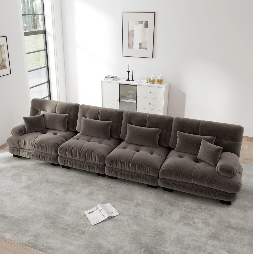 Divano angolare modulare 406x77x81 cm in ciniglia marrone, seduta profonda