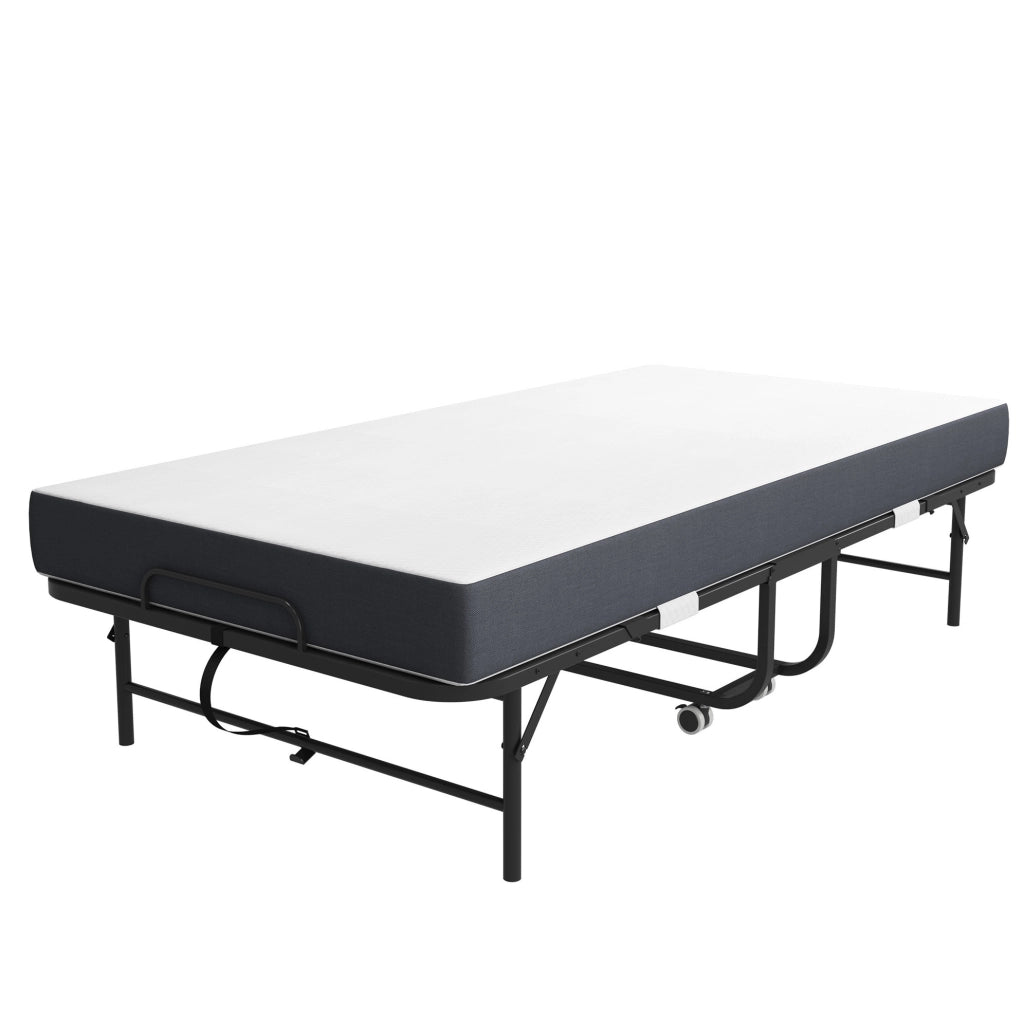 Letto pieghevole 90x190 cm con materasso memory foam 9,5 cm e struttura in metallo nero