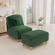 Divano in chenille verde con balza rimovibile e pouf mobile per soggiorno e piccoli spazi
