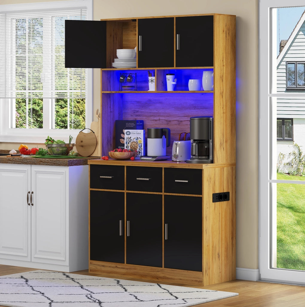 Buffet multifunzionale 100x40x180 cm con LED controllati da app, cassetti, ripiani regolabili e prese integrate, ideale per cucina e sala da pranzo