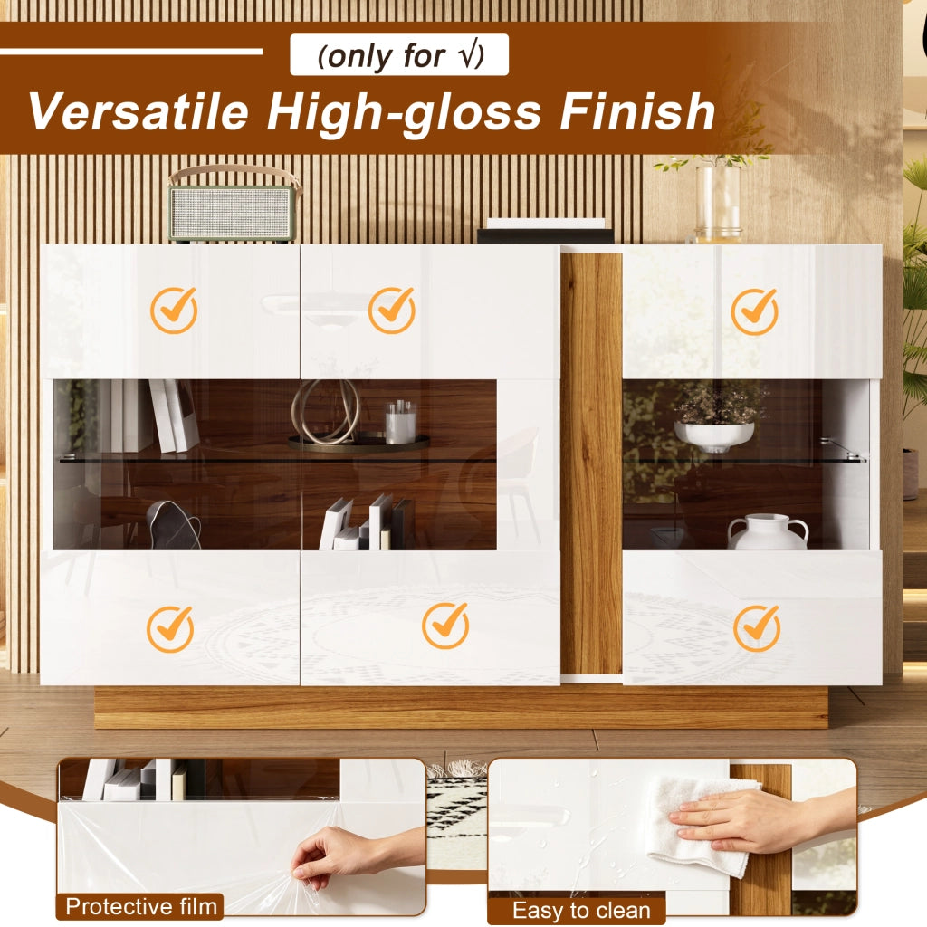 Credenza moderna con 3 ante in acrilico e LED regolabile; 120 x 38 x 80 cm; truciolare bianco e naturale