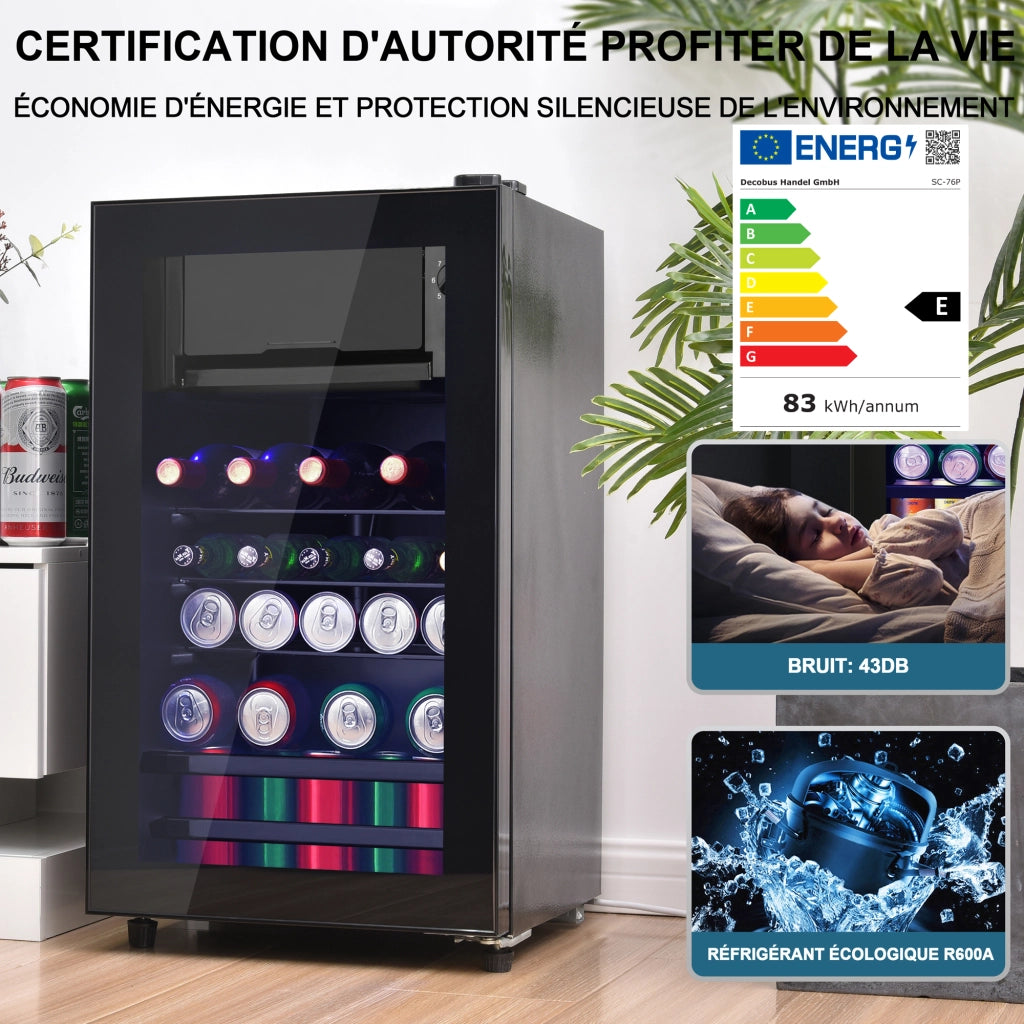 Frigorifero compatto a libera installazione 76 l con congelatore 6 l; compressore silenzioso e porta in vetro