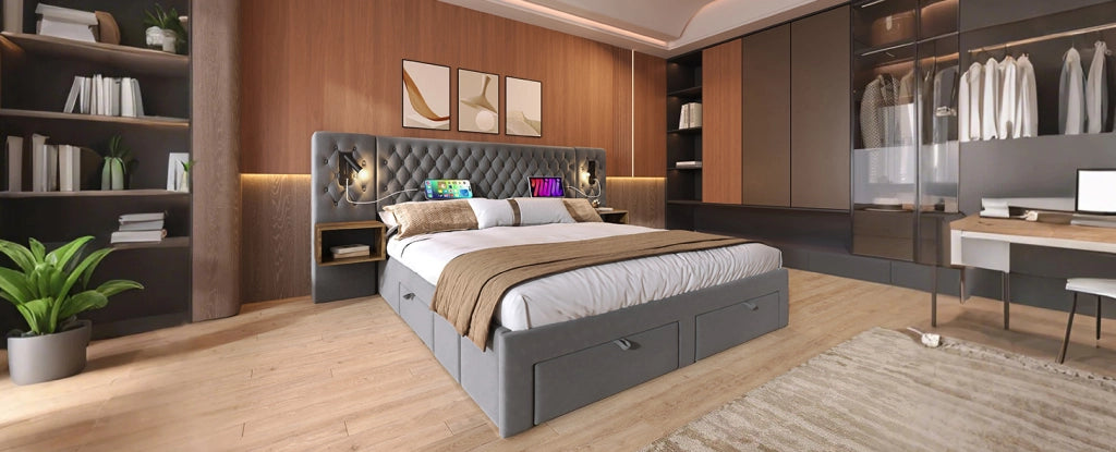 Letto matrimoniale imbottito Grigio in velluto 180x200 cm con 2 comodini, 4 cassetti e illuminazione USB Type-C