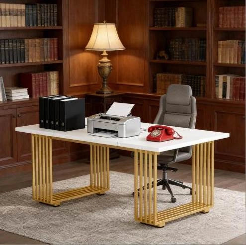 Scrivania da ufficio classica bianca e oro 180x79x78 cm per computer e lavoro