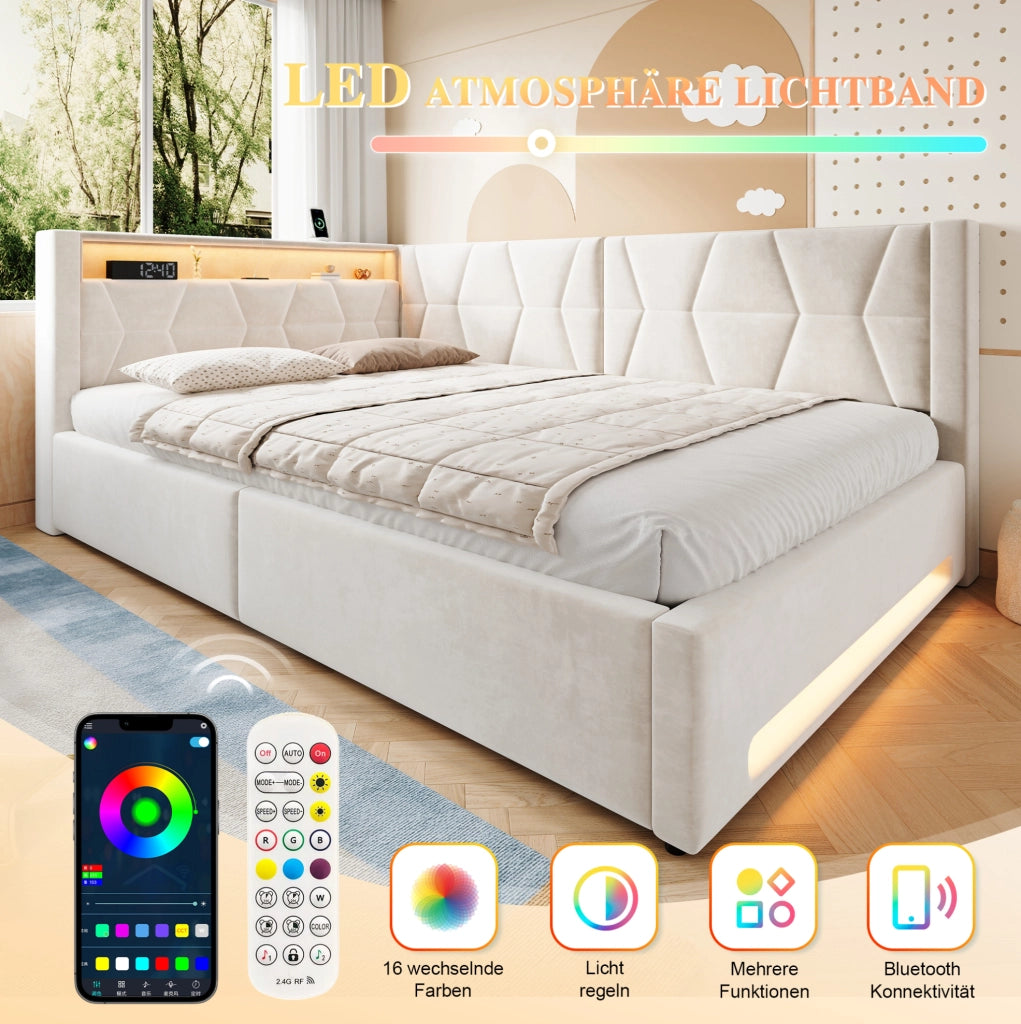 Letto imbottito beige 140 x 200 cm con vano contenitore, LED, USB e Type-C