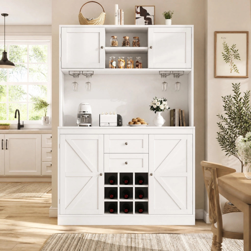 Mobile buffet da cucina 120x40x188 cm con 4 ante, 2 cassetti e portabottiglie bianco HAVRYA