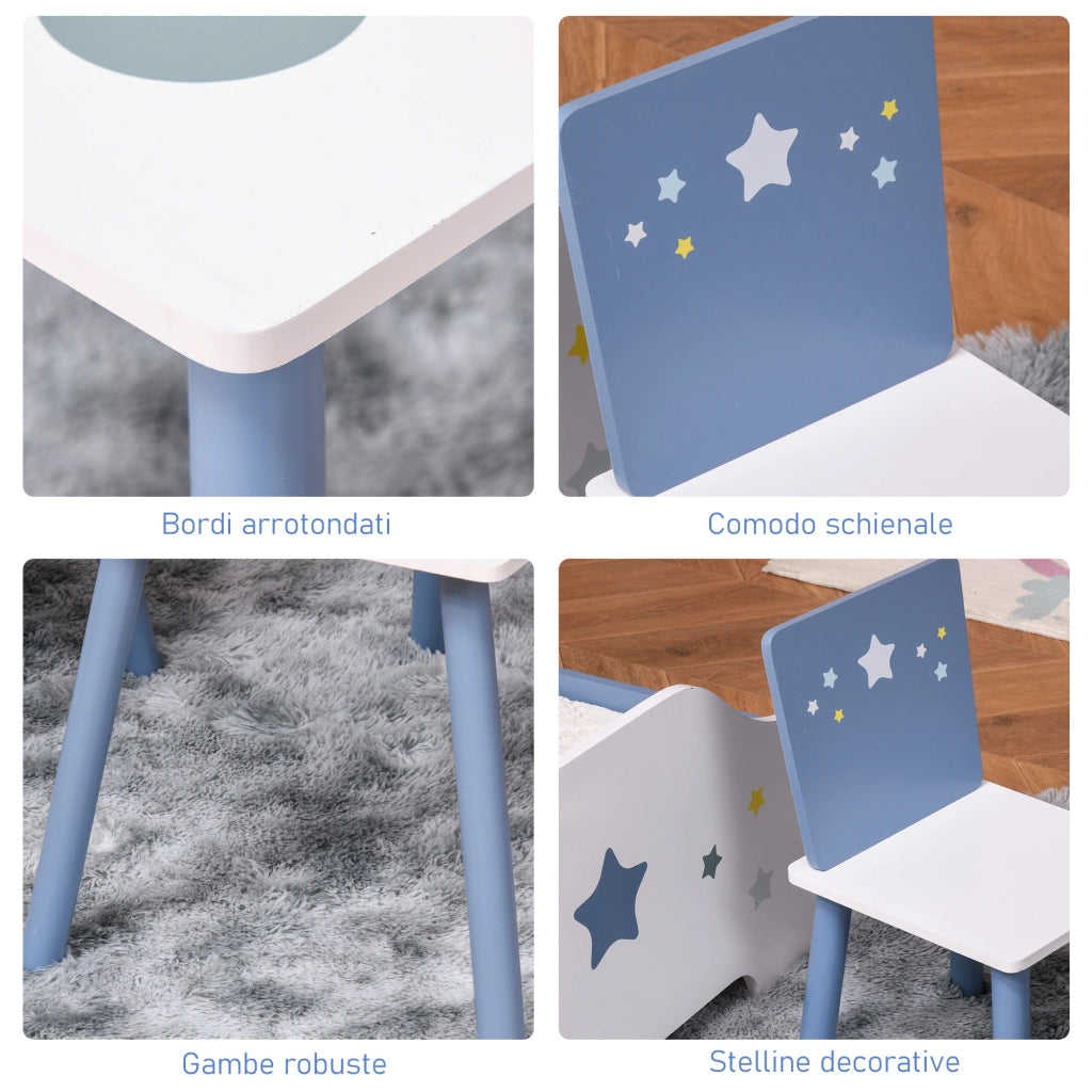 Tavolo Bambini con Sedie ¨C zephmum ¨C Legno Azzurro e Bianco