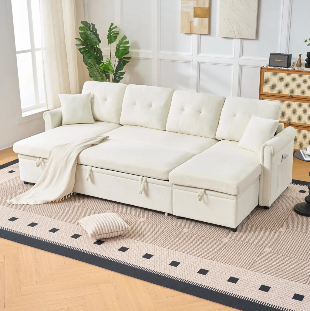 Divano angolare a U con funzione letto e contenitore, ampio divano letto beige in tessuto chenille per soggiorno o camera ospiti