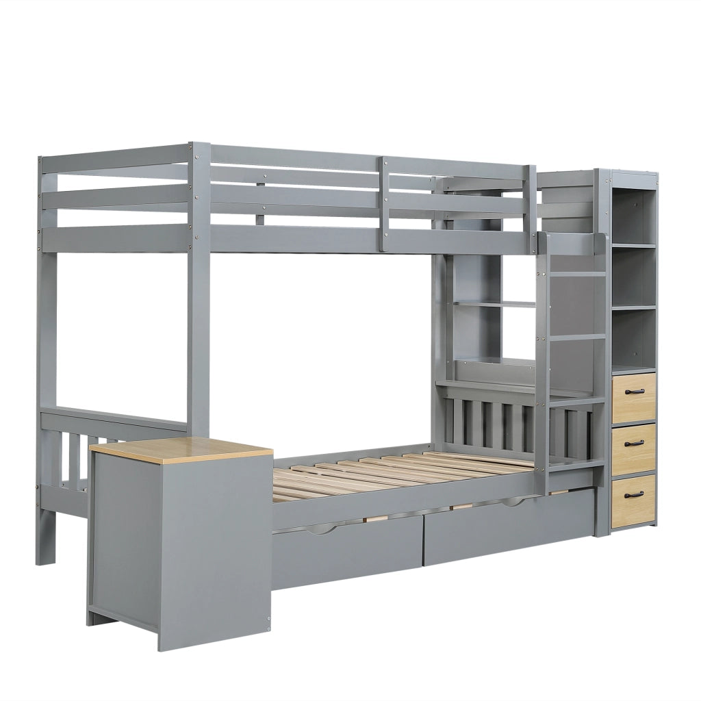 Letto a Castello Bambini LEMONMAX 90x200 cm con 2 Cassetti, Mobile Laterale con Ripiani, Scala Integrata e Comodino Modulare, Legno e MDF