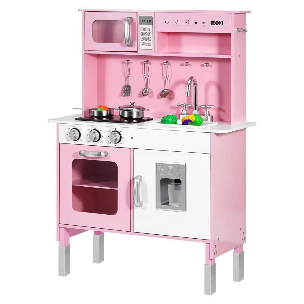 Cucina Giocattolo Bambini Legno Luci Suoni Cibo Pentole Microonde Forno Manopole Gioco Ruolo 3-8 Anni Rosa