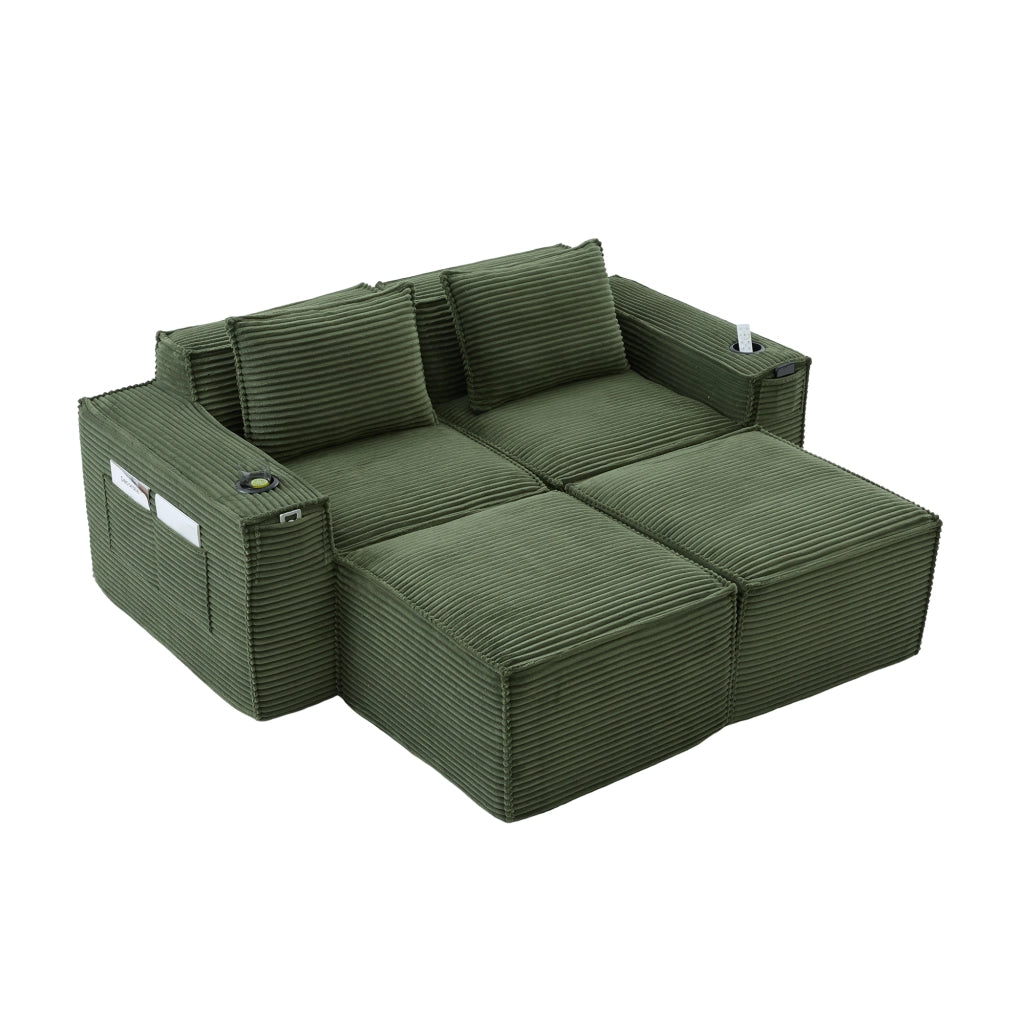 Divano modulare 2 posti con pouf, porta bicchieri e tasche laterali, verde