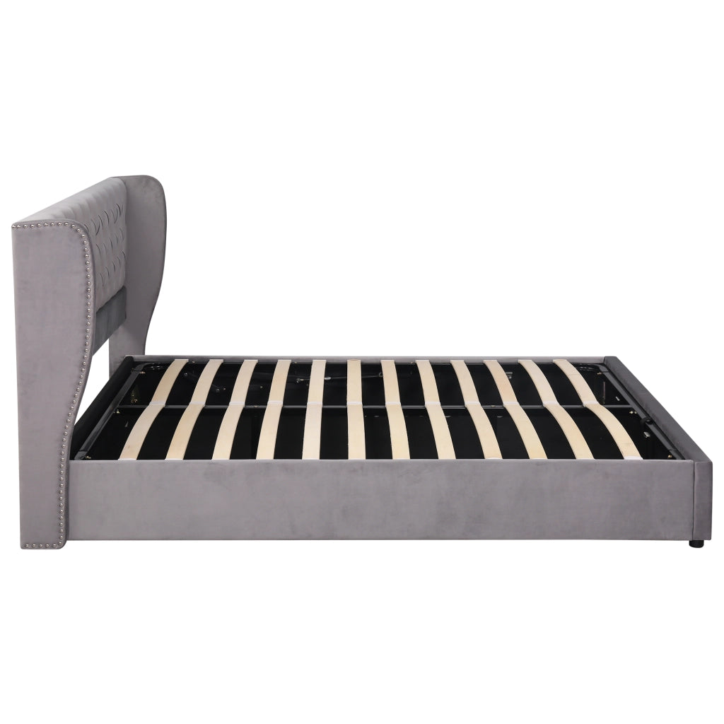 Letto contenitore 180 × 200 cm con apertura idraulica testiera imbottita in velluto grigio