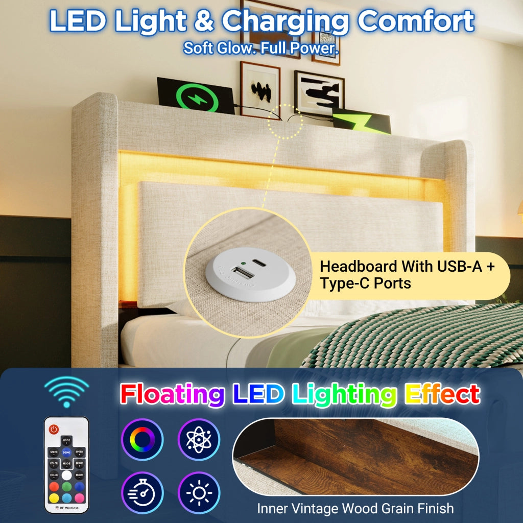 Letto contenitore singolo 90 × 200 cm con LED; USB e USB-C; cassetto; materasso incluso; beige in lino