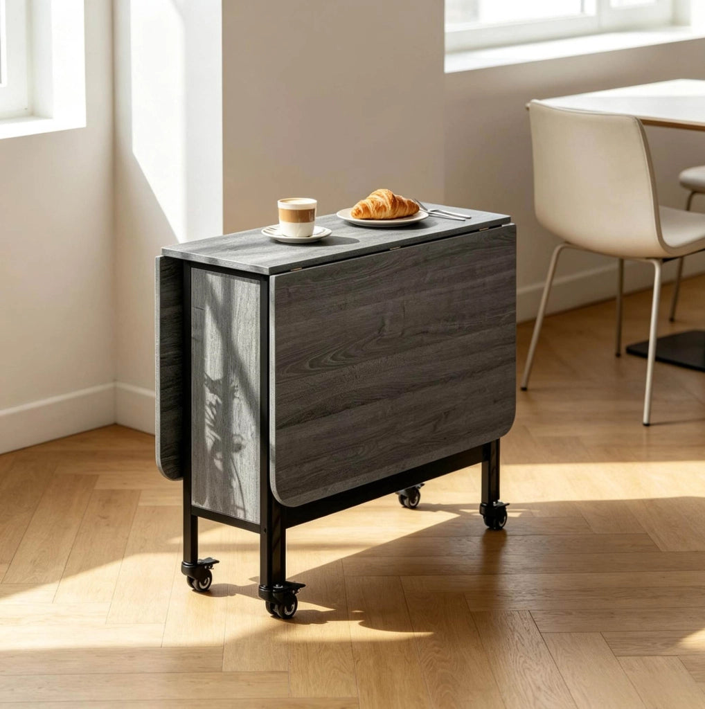 Tavolo da Pranzo Pieghevole con Ruote e Ripiano, Allungabile 130x80x74 cm, Grigio