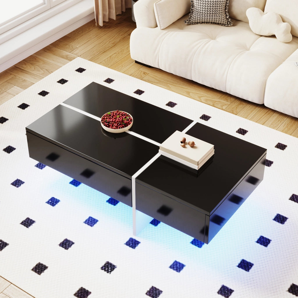 Tavolino da caff猫 nero lucido con LED controllabile tramite app e 3 cassetti