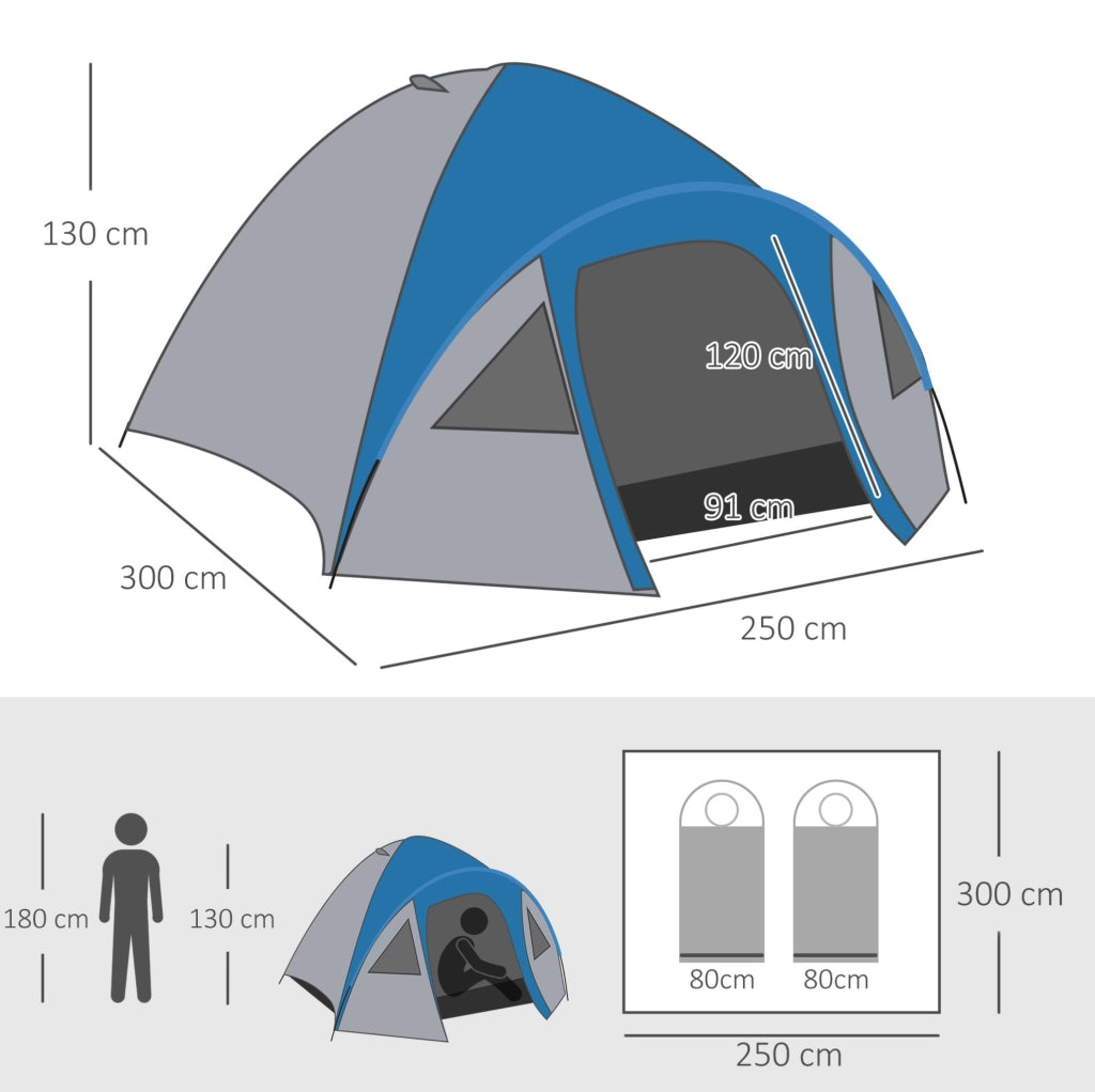 Tenda doppia parete 4 stagioni per 4 persone con vestibolo; poliestere blu