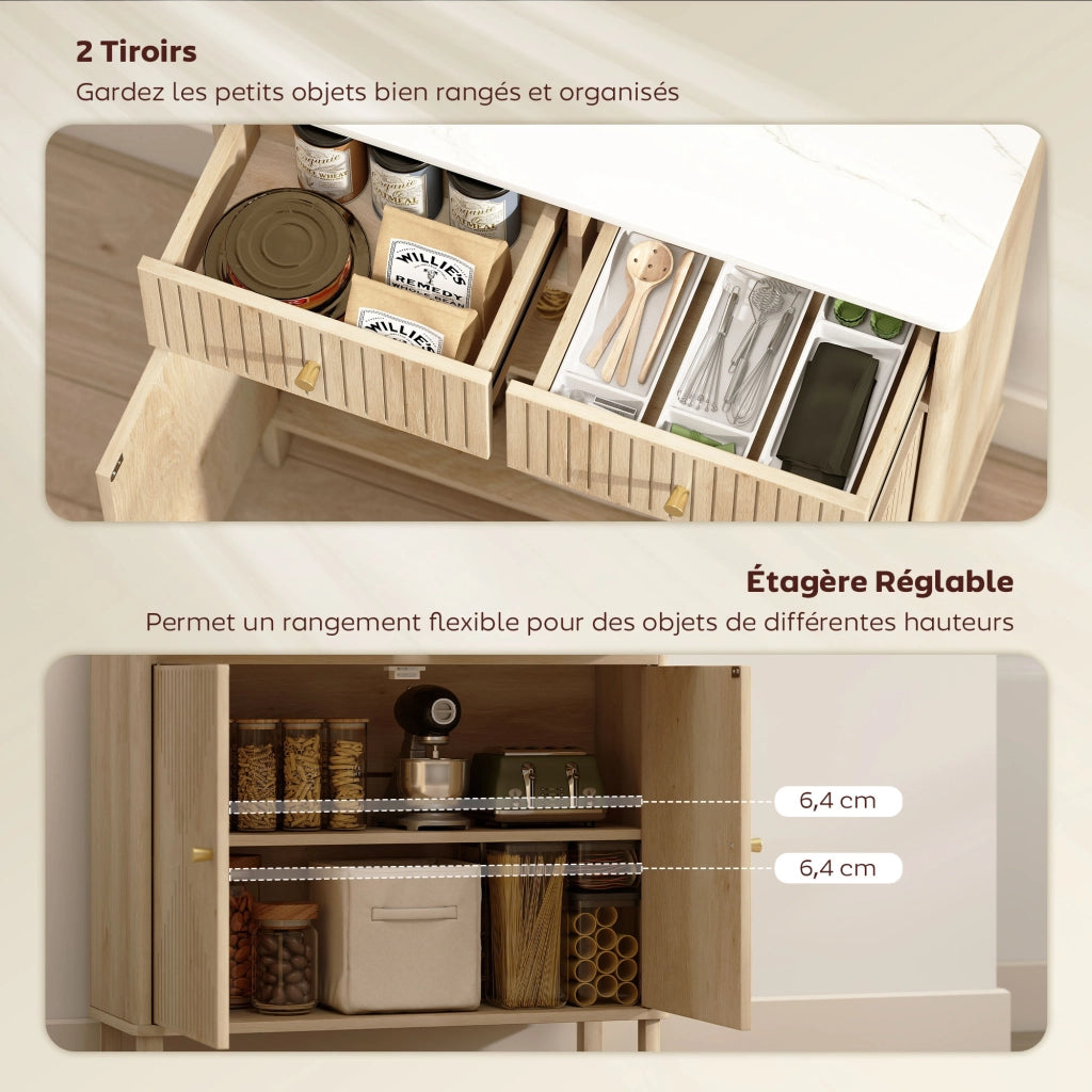 Credenza mobile contenitore scanalato effetto marmo e rovere, 2 cassetti e 2 ante con ripiano regolabile, 77x30x80cm