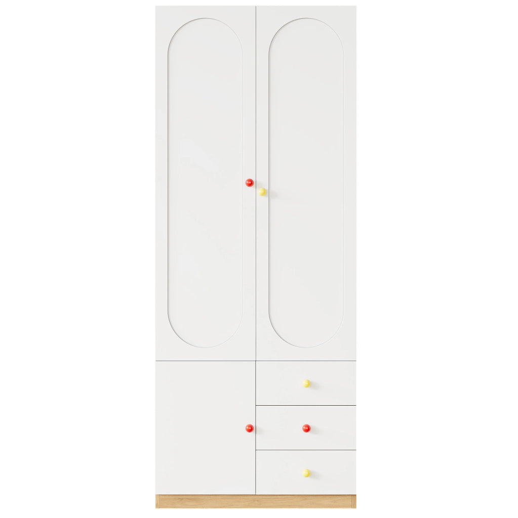 Armadio guardaroba bianco per bambini con 2 ante, 3 cassetti, bastone appendiabiti e maniglie in ceramica colorata, 80x50x200 cm