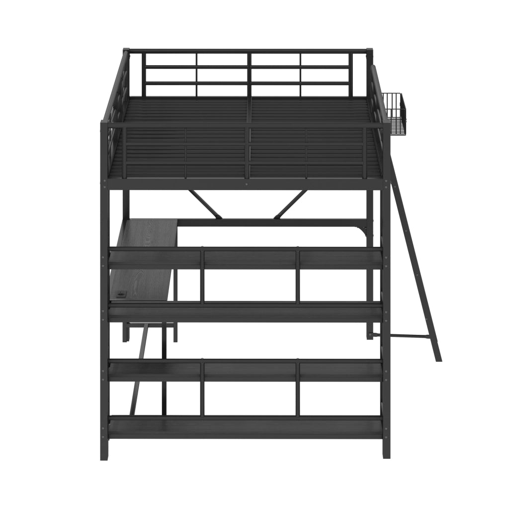 Letto soppalcato 140x200 in metallo nero con scrivania， LED e USB， senza materasso