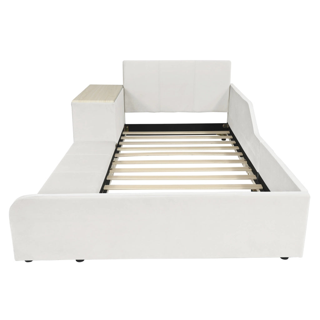Letto per bambini singolo 90 × 200 cm con scrivania, sgabello e ripiano, senza materasso, in velluto bianco