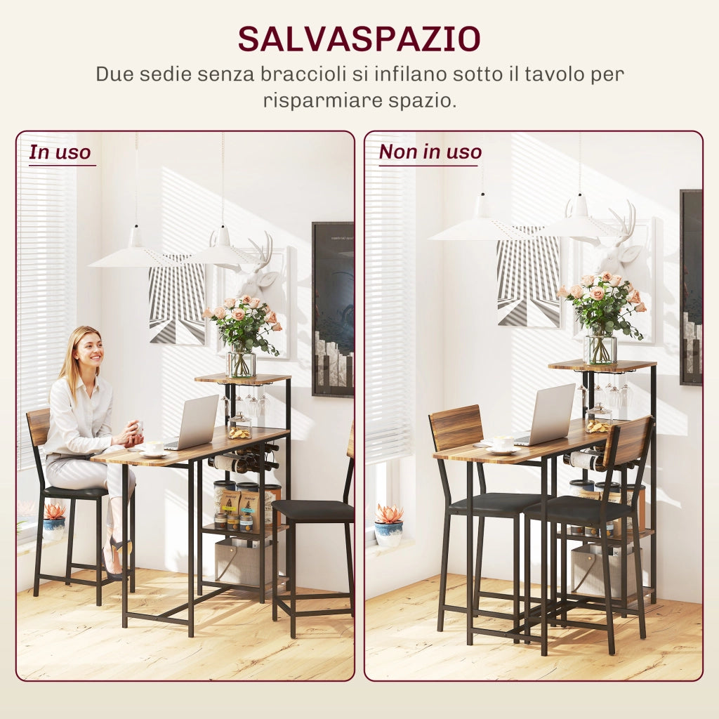 Bancone Bar Pieghevole con 2 Sgabelli e Portavini ¨C Xylo ¨C Marrone