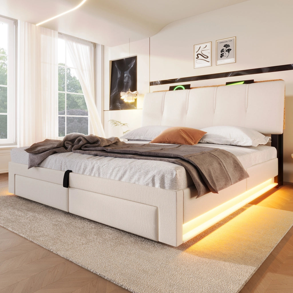 Letto contenitore 140x200 cm in lino beige con cassetti; testiera portaoggetti; LED e USB-C