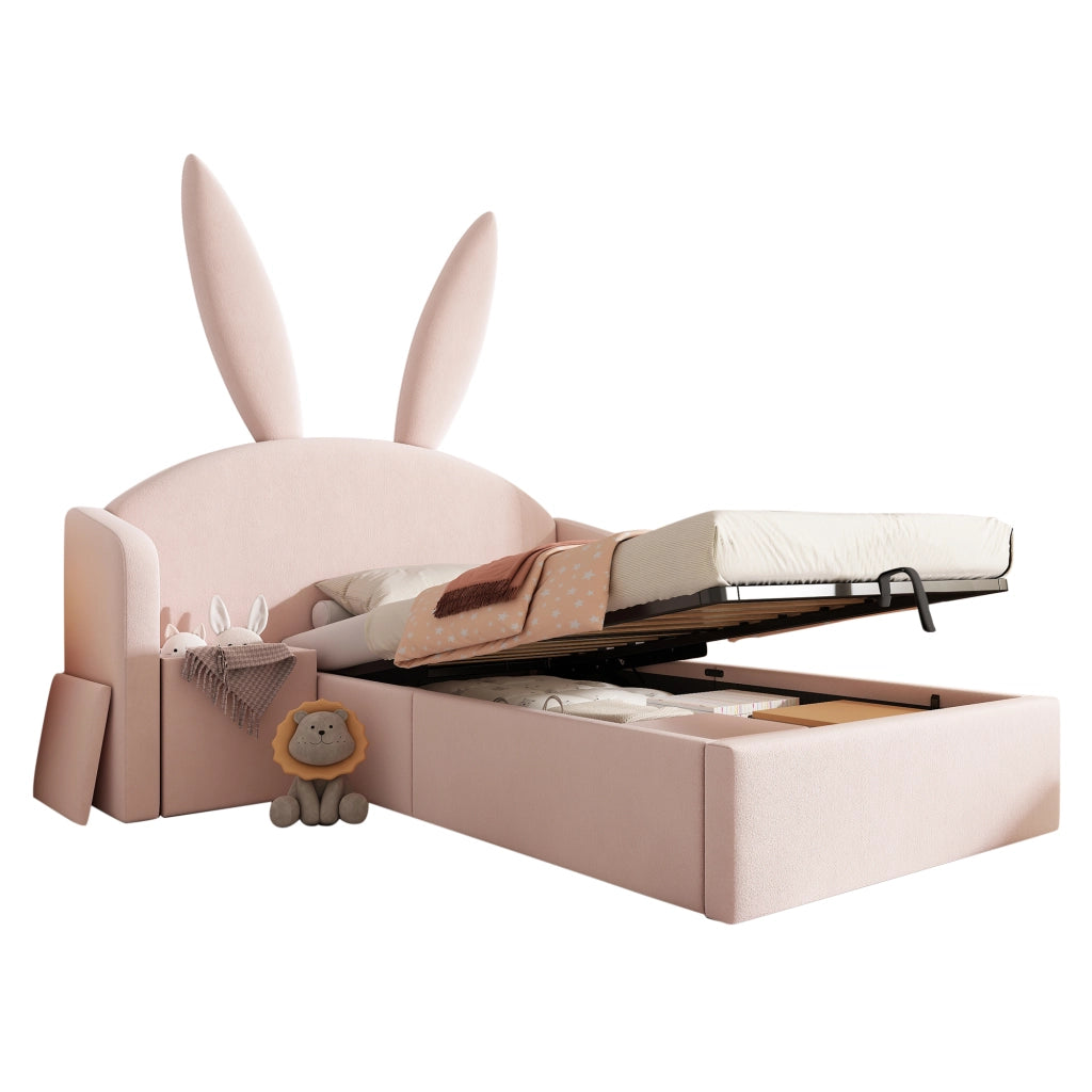 Letto imbottito rosa 90x200 cm con contenitore e comodino