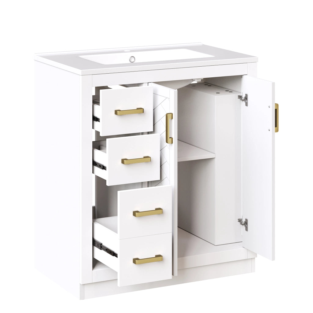 Mobiletto con lavabo in ceramica con 3 cassetti; 2 ante e ripiani laterali aperti bianco 76.5 × 46.5 × 84.5 cm