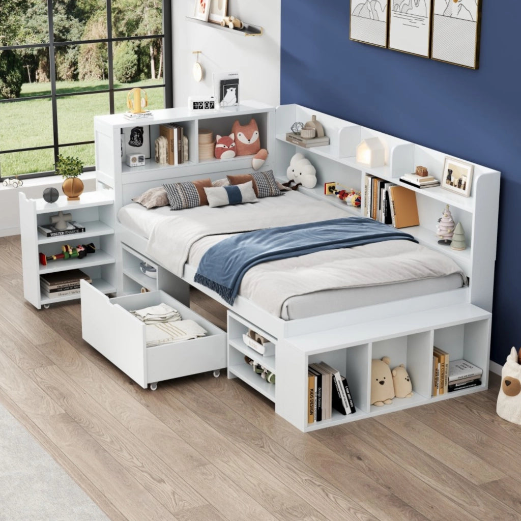 Letto con cassetti 90 × 200 cm con armadio e libreria in compensato bianco