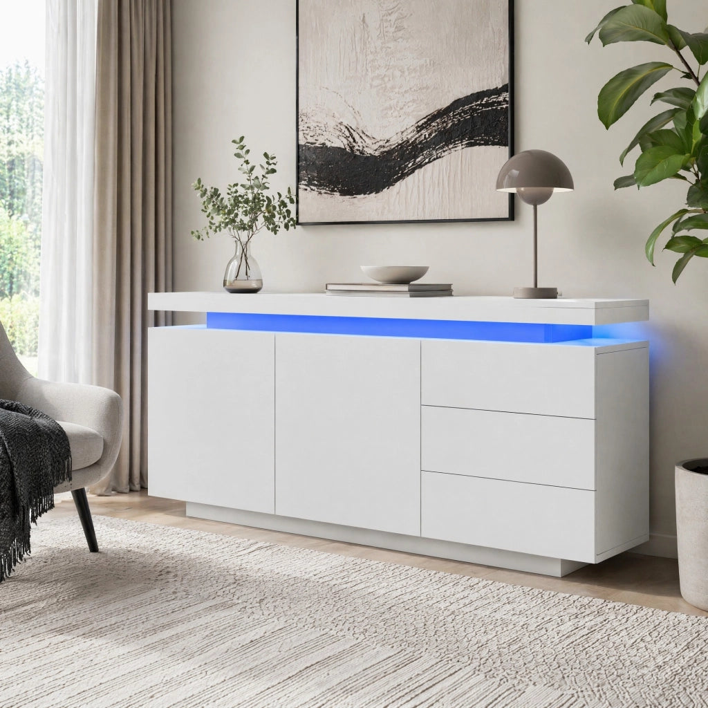 Credenza con LED RGB, 2 ante e 3 cassetti, bianca