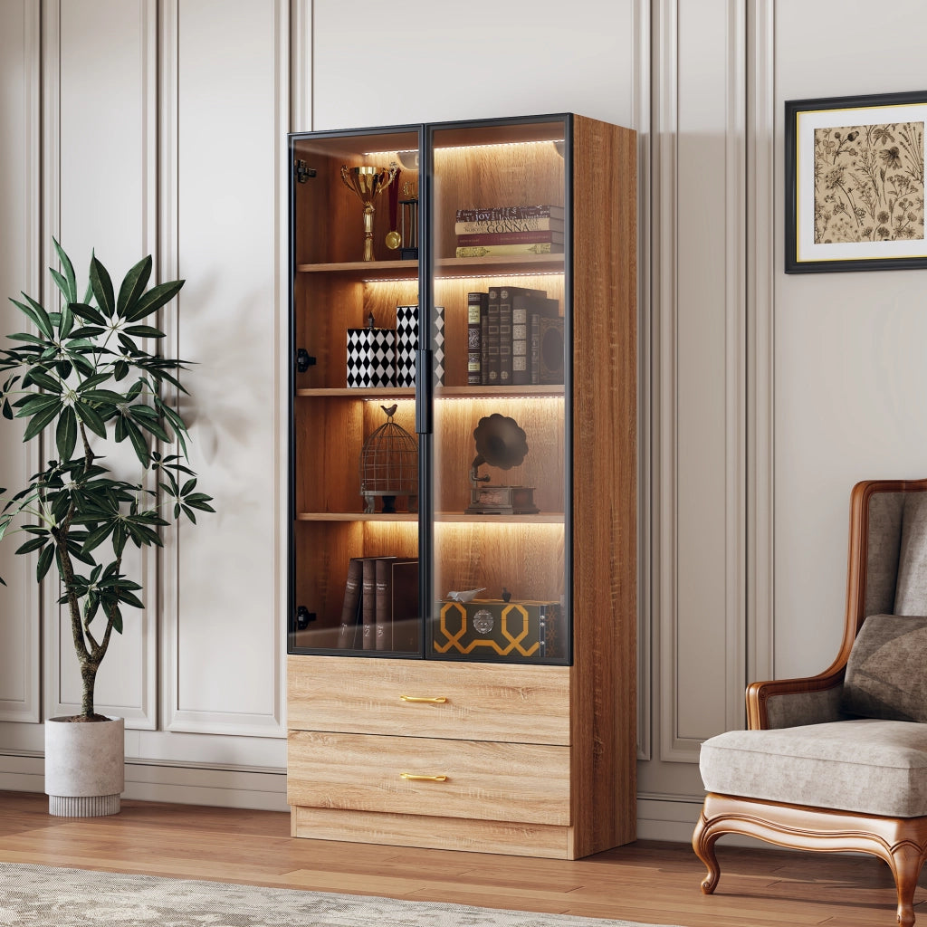 Armadio da bagno con 2 ante, 2 cassetti, ripiani aperti e anta in vetro, stile moderno, per bagno, MDF marrone