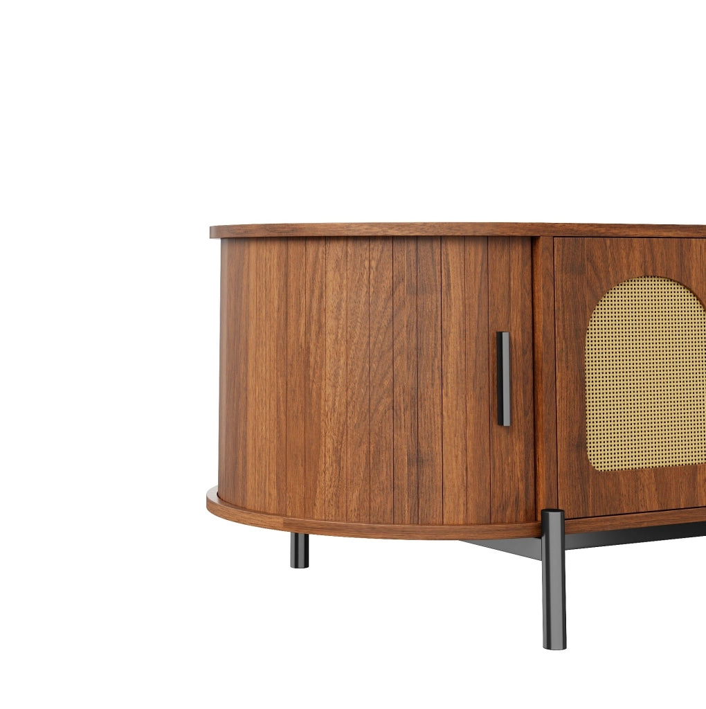 Tavolino da salotto ovale 100x50 cm con ante scorrevoli in rattan color noce HOMVRA