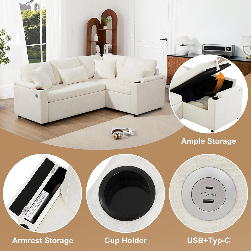 Divano angolare a L - Xylo - Con USB e ripostiglio, beige