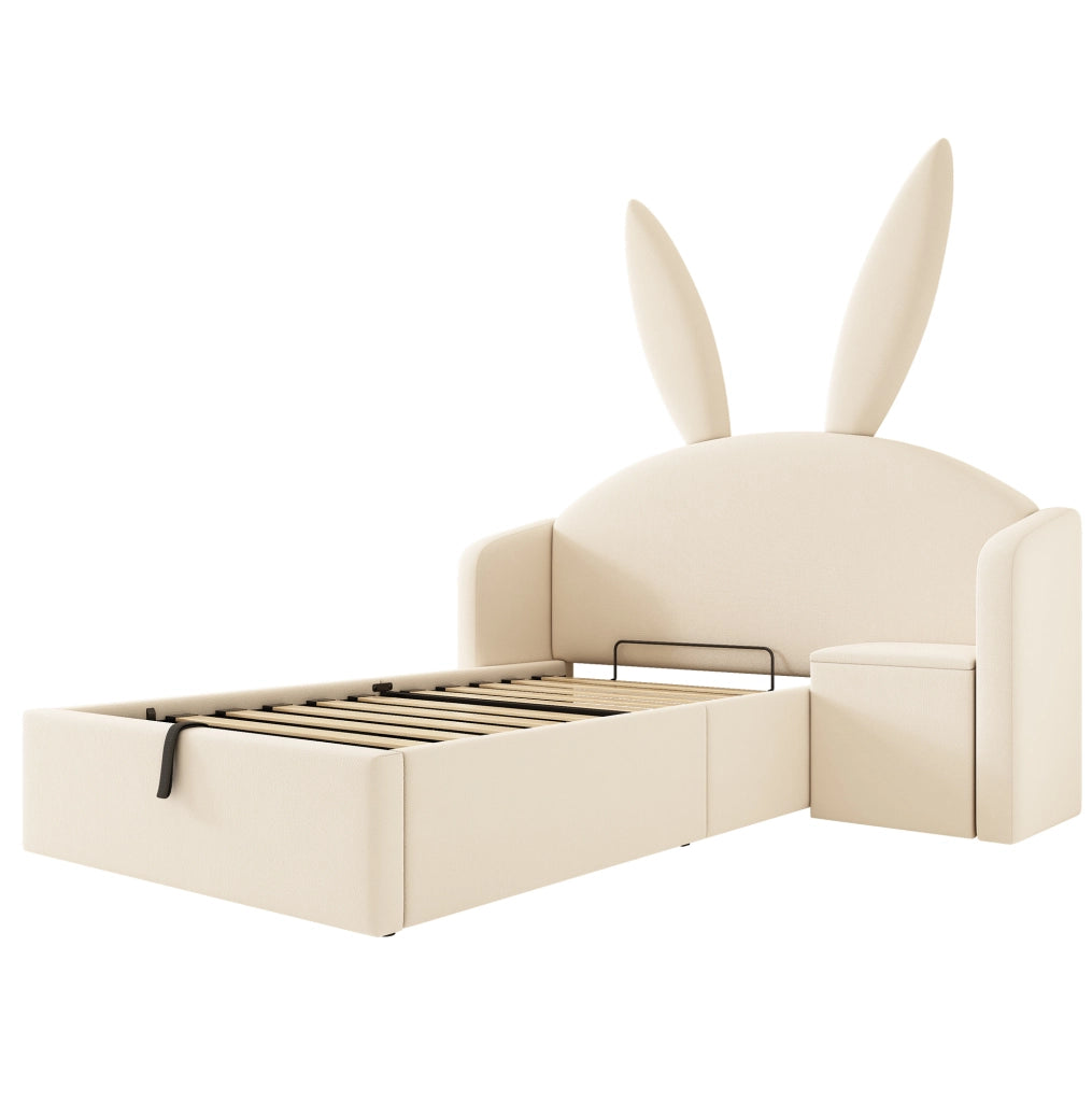 Letto imbottito per bambini ULEVR 90x200 cm con contenitore idraulico, comodino montabile a sinistra o destra, beige