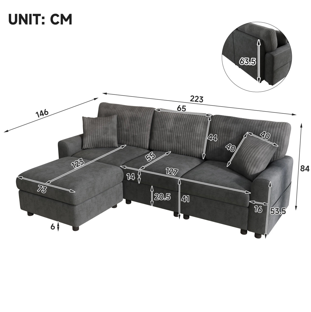 Divano con pouf; USB e Type-C; 223×146×84 cm; ciniglia e velluto a coste; grigio