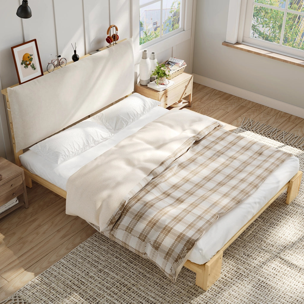 Letto imbottito 140x200 cm in legno di pino con schienale imbottito; naturale