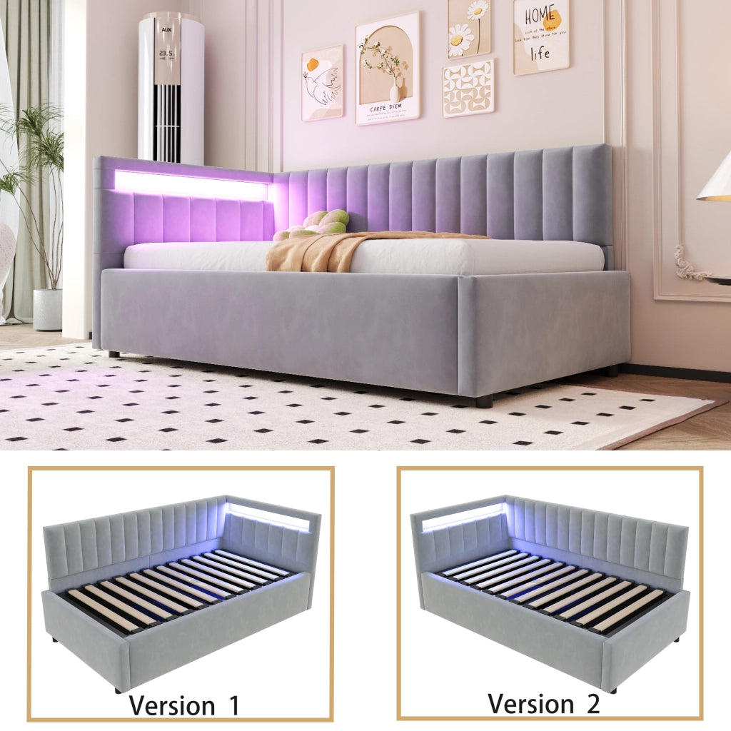 Letto singolo imbottito 90 × 200 cm con LED vano contenitore idraulico velluto grigio rete a doghe