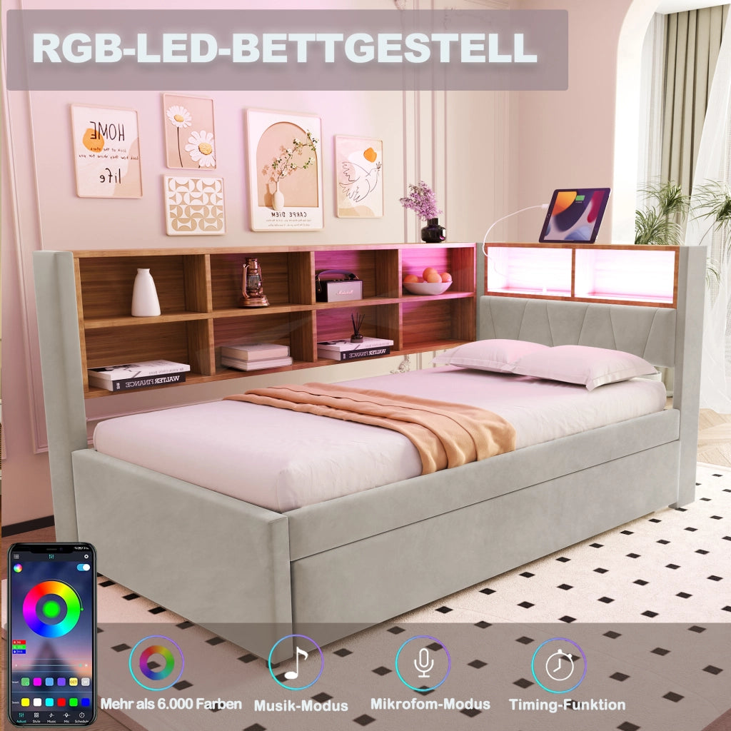 Letto con letto estraibile 90 × 200 cm con secondo letto 90 × 190 cm LED porte USB e prese grigio chiaro