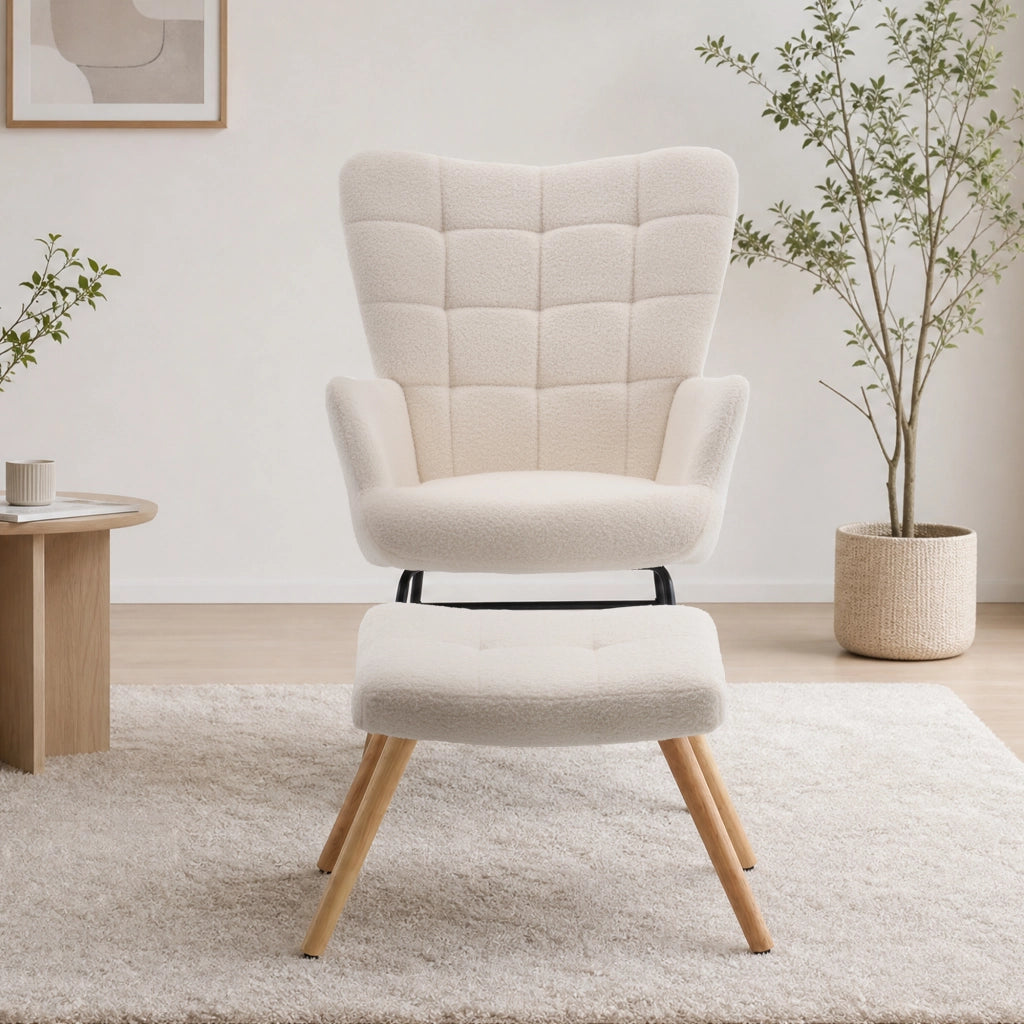 Sedia a dondolo 91x61x88 cm con poggiapiedi in lana d'agnello beige