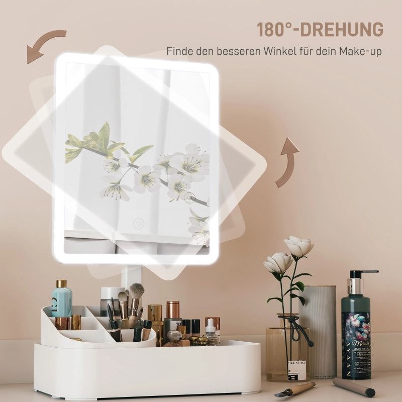 Specchio da trucco con luce LED ricaricabile bianco girevole a 180° con contenitore per cosmetici e cavo tipo C