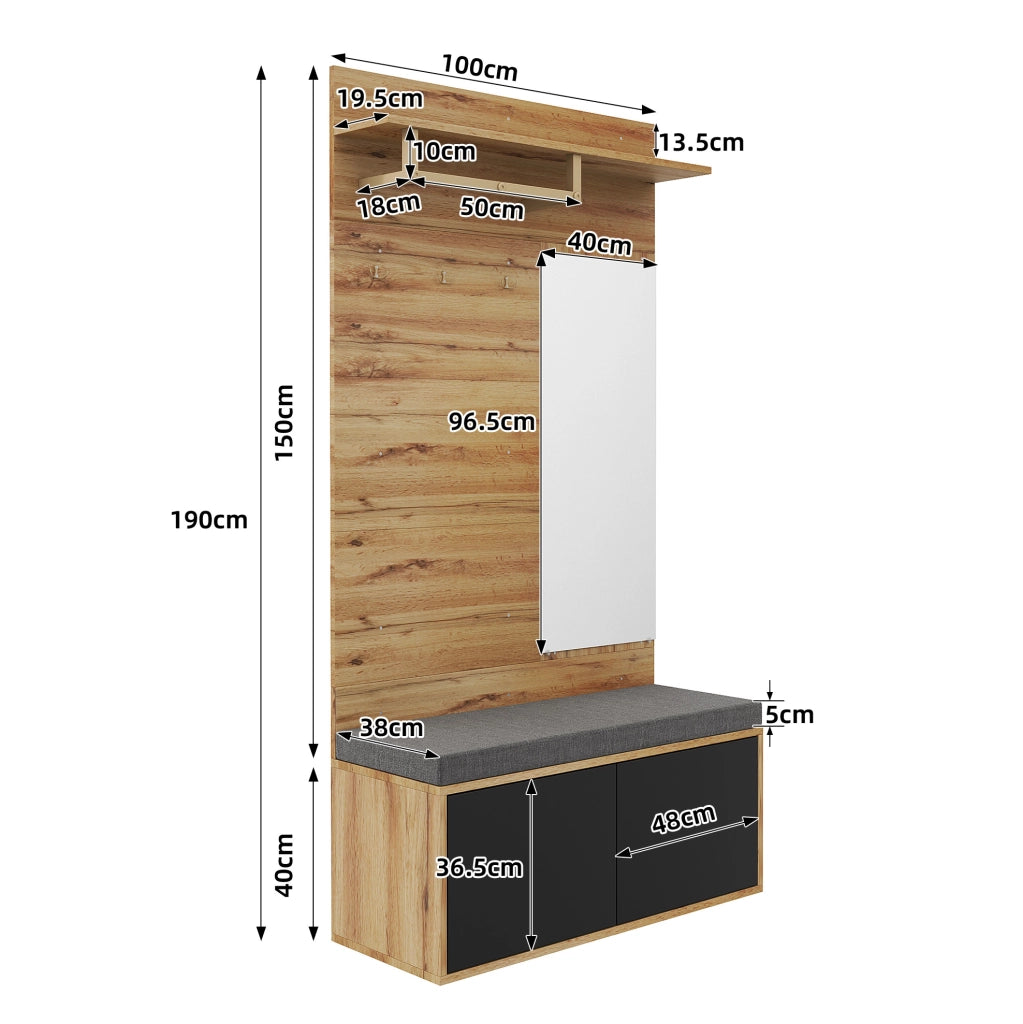 Guardaroba compatto da ingresso nero e legno con specchio
