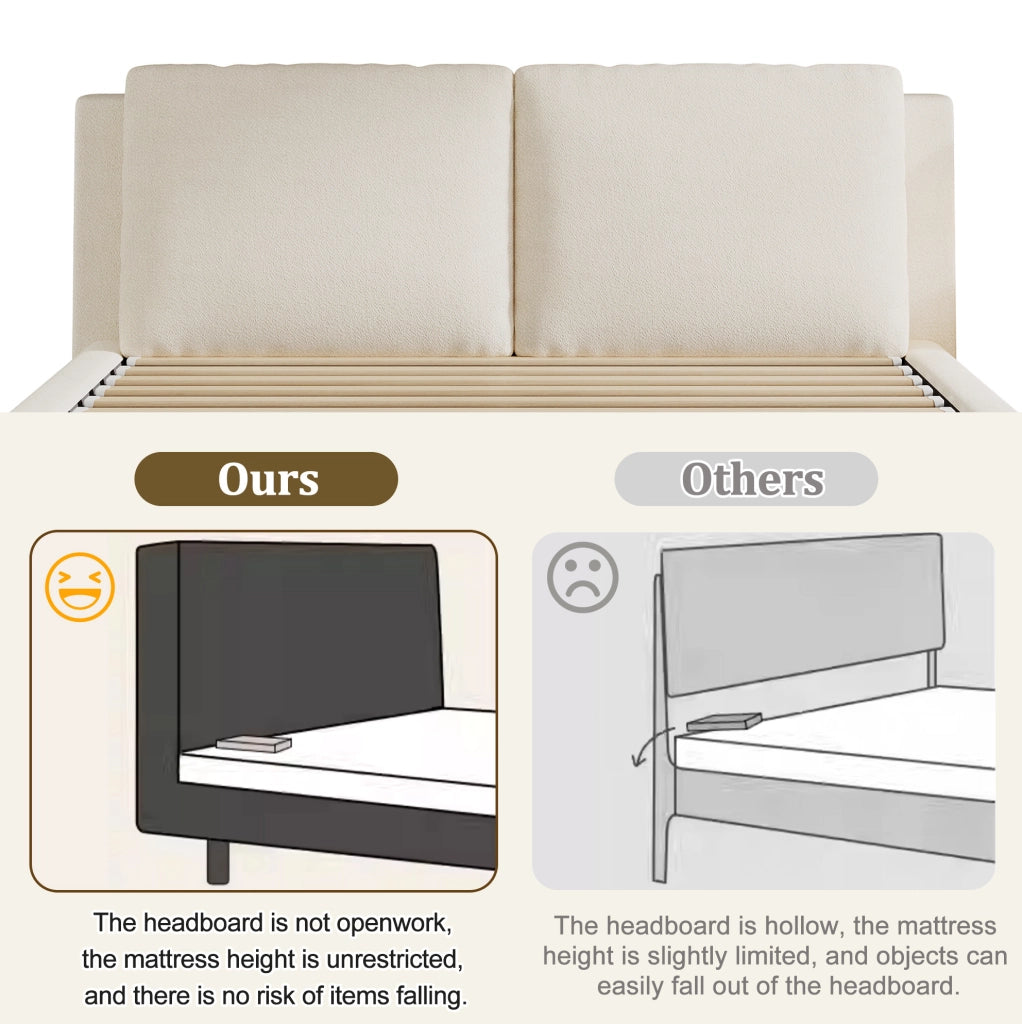 Letto matrimoniale imbottito YEAVIO 180x200 cm con contenitore, rete a doghe e testiera in bouclé beige