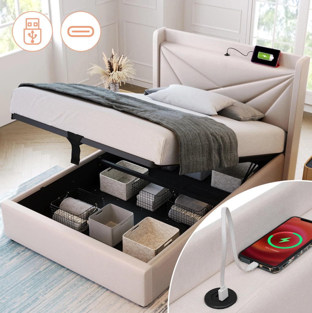 Letto singolo 90x200 con contenitore, testiera con USB e USB-C