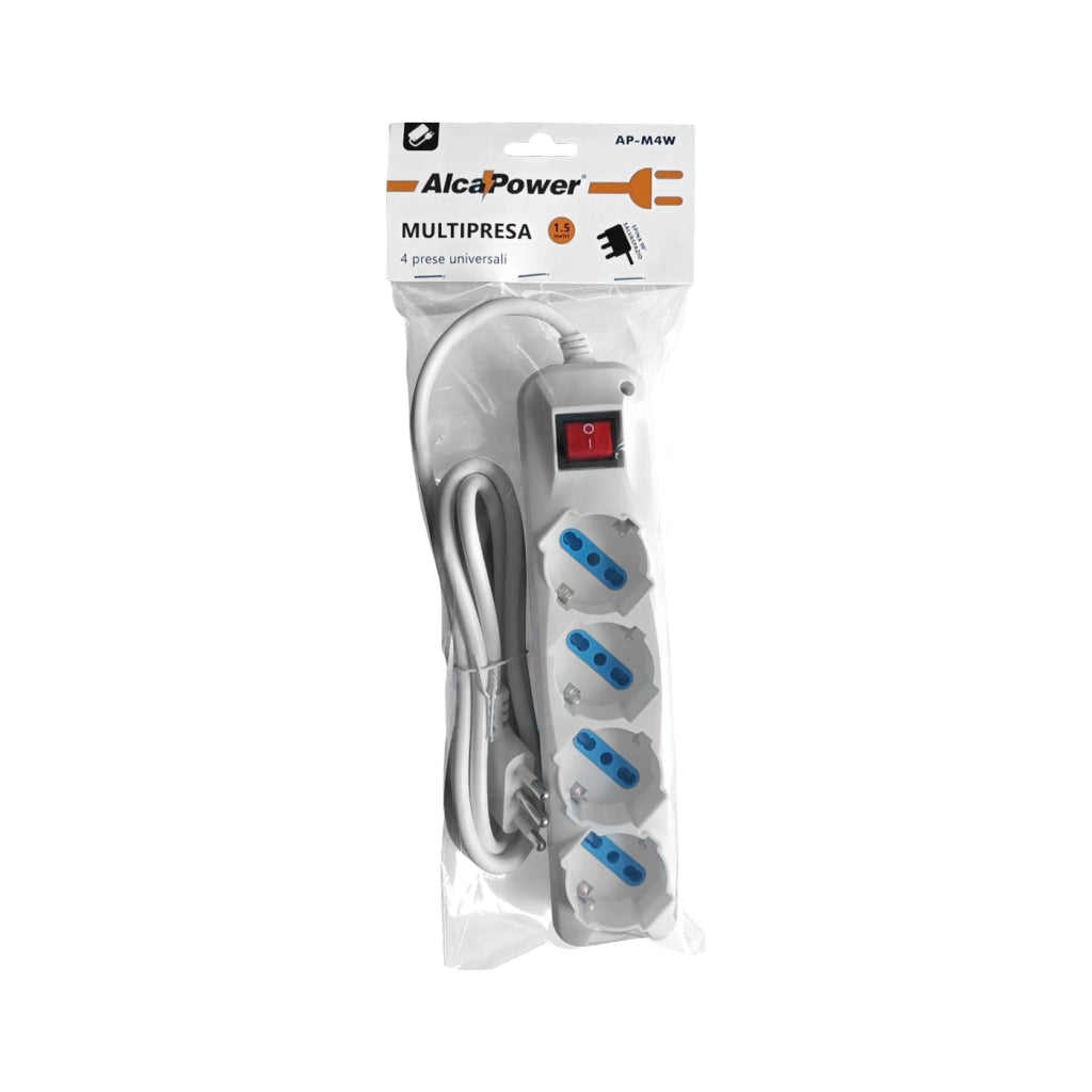 Alcapower Multipresa Elettrica 4 Prese Schuko Bipasso, Cavo 1.5m, Spina Italiana 16A a 90°, Interruttore Luminoso, Massima Potenza 3500W Bianca
