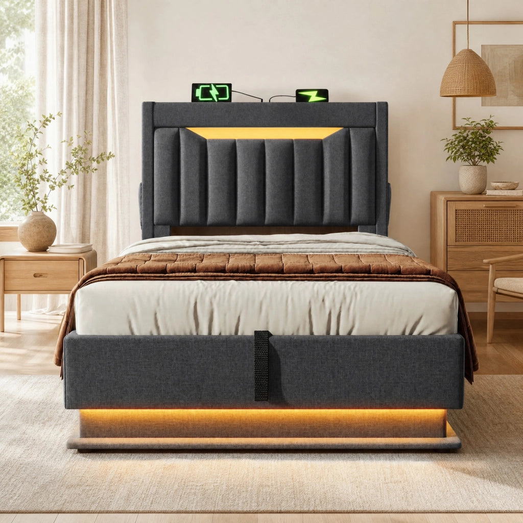 Letto singolo 90 × 200 cm con contenitore idraulico in lino grigio LED USB e porta Type-C con testiera