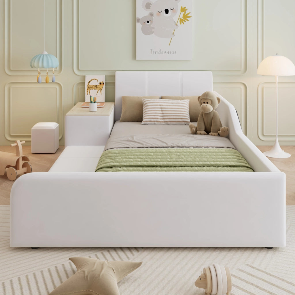 Letto singolo con scrivania e sgabello in velluto bianco 90x200 cm