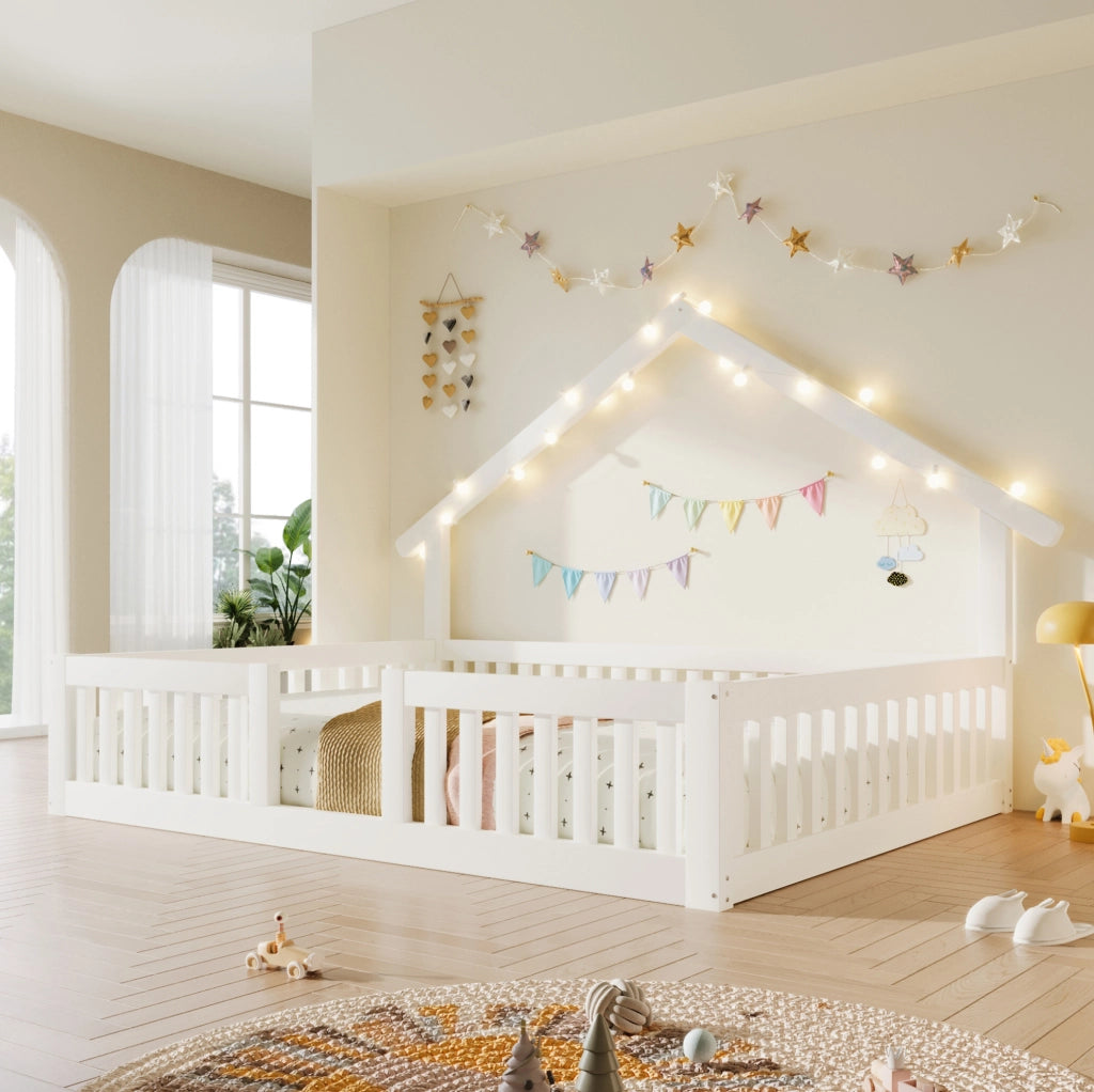 Letto casa in legno bianco 140x200 cm con protezione anticaduta e luci LED