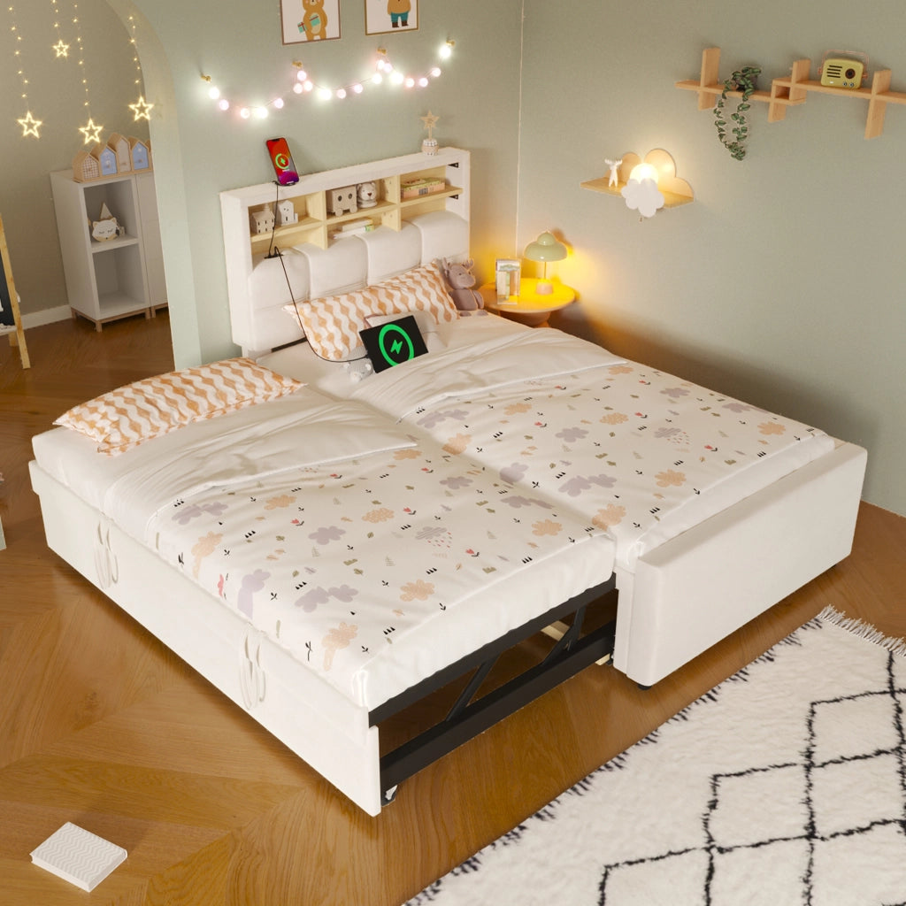 Daybed Imbottito 90x200 + 180x200 cm con Letto Estraibile; USB; USB-C; Beige