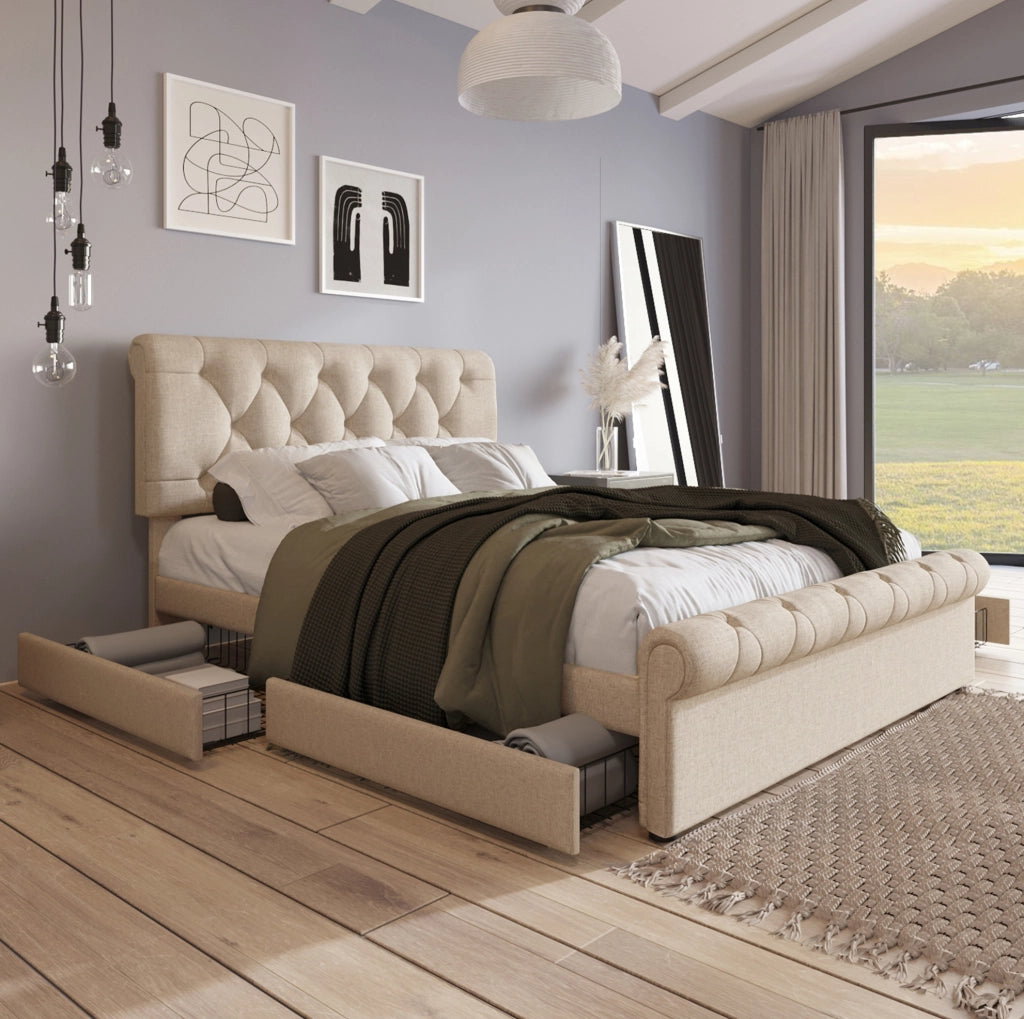 Letto matrimoniale 140x200 cm con 4 cassetti e testiera regolabile; naturale